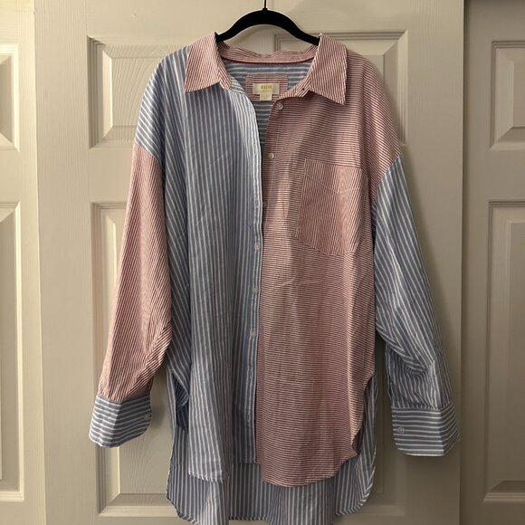 NEVER WORN Anthropologie Maeve Bennett Button Down Red / Blue Striped Over-sized - Picture 2 of 3